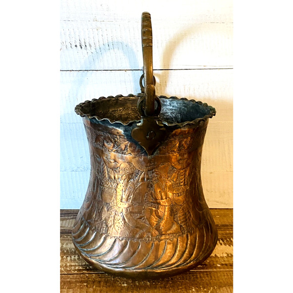 Antique Vintage Persian Copper Bucket Pot with Handle 13" Tall Top of Handle - Picture 10 of 13